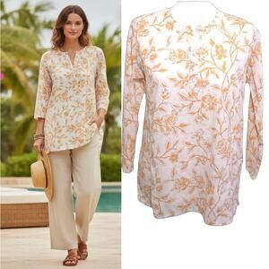 Malatesta Cotton 3/4 Sleeve Tunic Top Wmn's Sz S Gold Floral Popover Lightweight